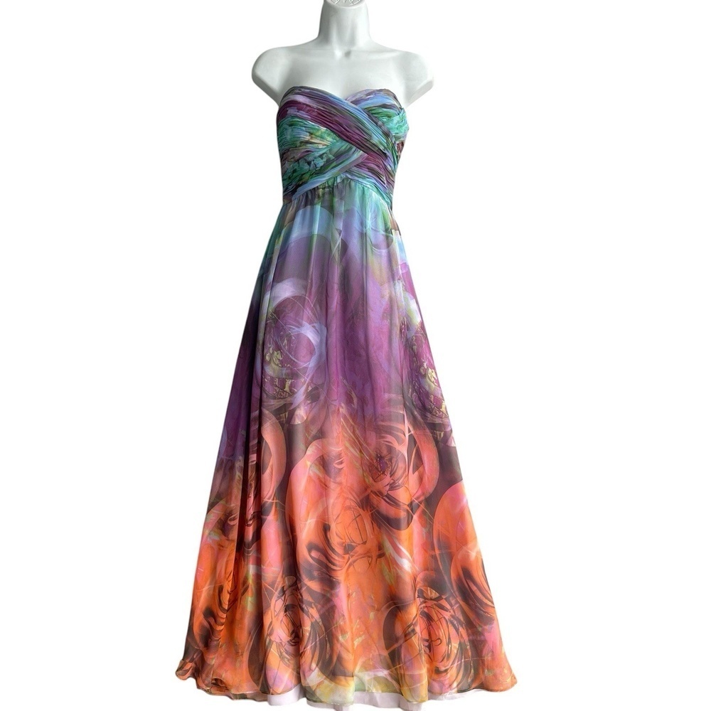 Faviana Couture Strapless Watercolor Rainbow Gown Women's 8 Prom Party Coctails